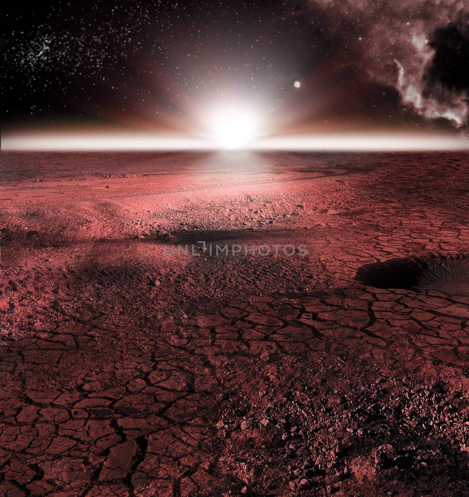 The abstract red landscape of Mars planet. Looks like cold desert on Mars with stars
