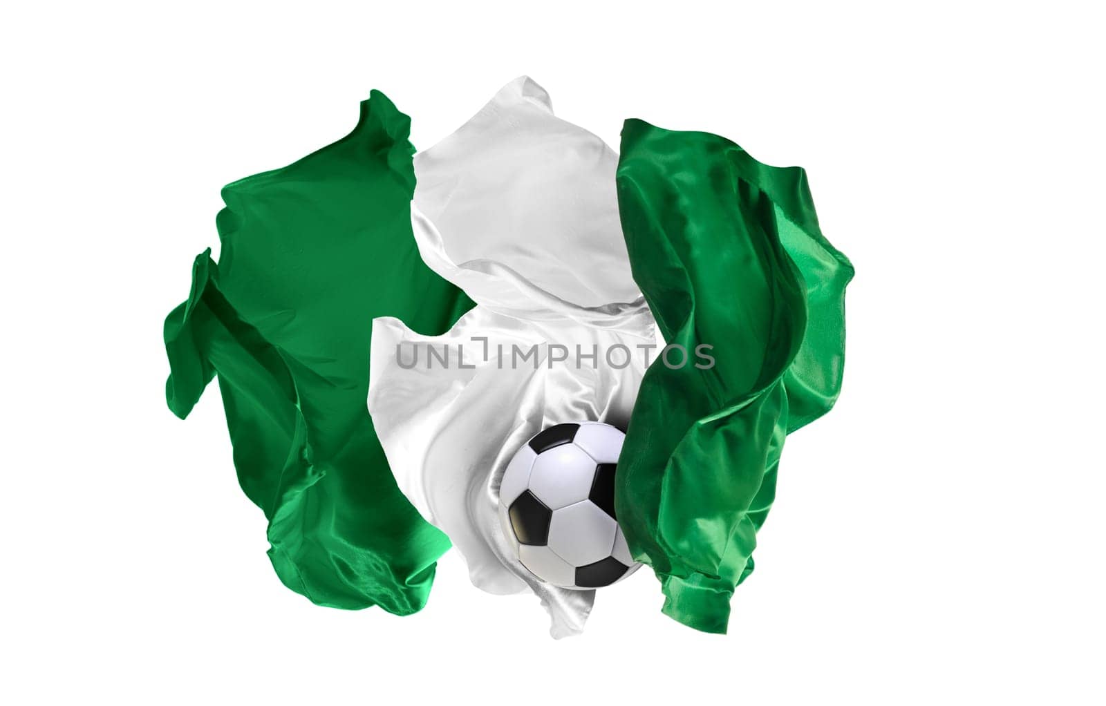 The national flag of Nigeria. World cup. Russia 2018. Flag made of fabric. Football and soccer concept. Fans concept. Soccer ball with fabric. Isolated on white background. Flying flag.