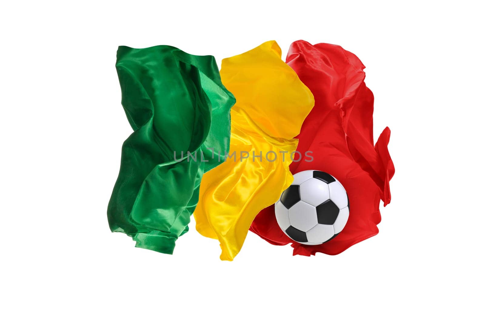 The national flag of Senegal. World cup. Russia 2018. Flag made of fabric. Football and soccer concept. Fans concept. Soccer ball with fabric. Isolated on white background. Flying flag.