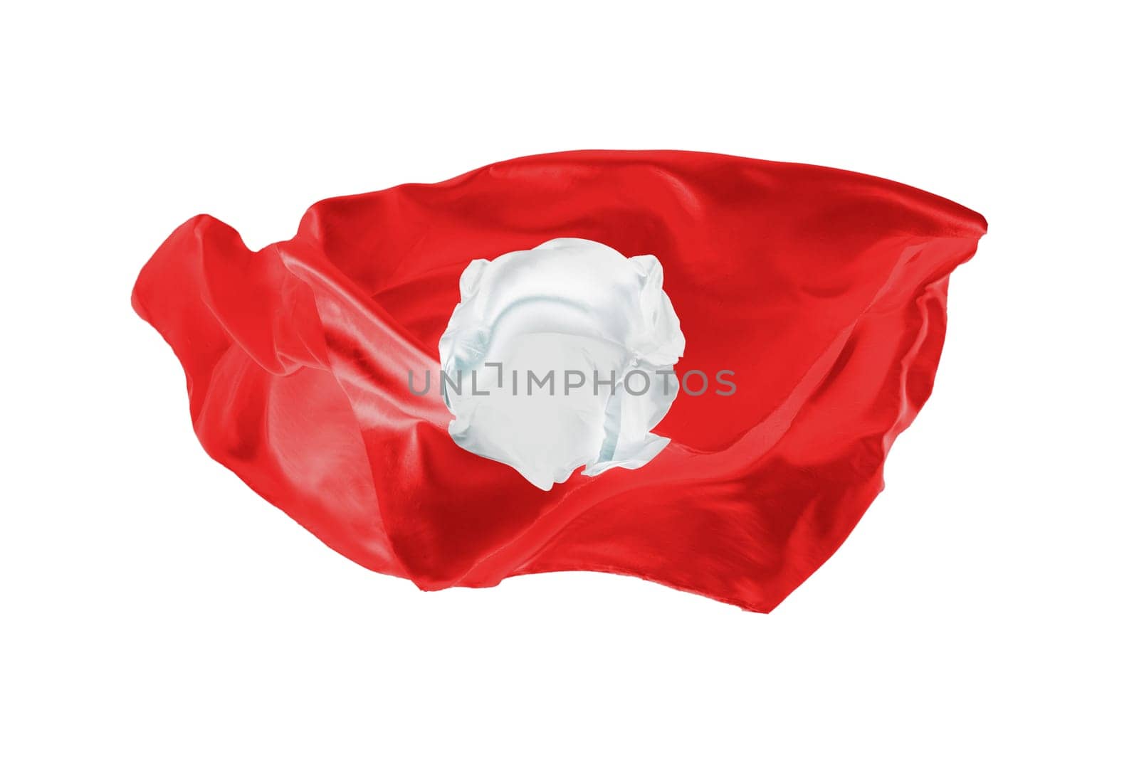 The national flag of Tunis. World cup. Russia 2018. Flag made of fabric. Football and soccer concept. Fans concept. Soccer ball with fabric. Isolated on white background. Flying flag.