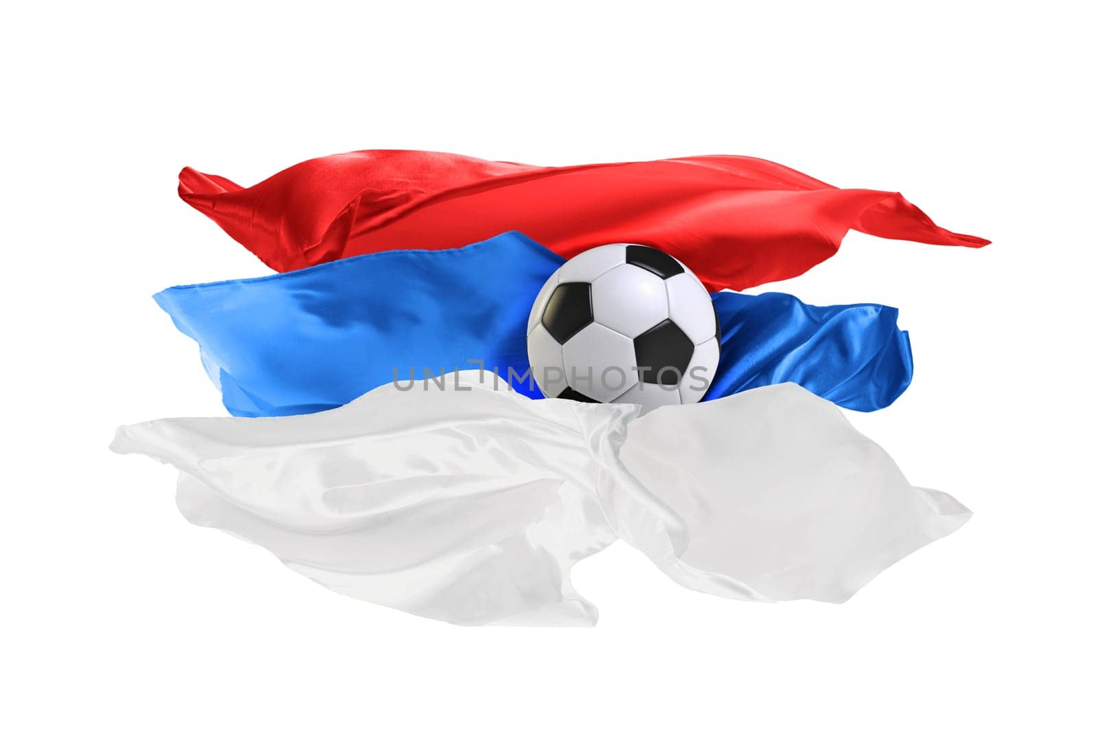 The national flag of Serbia. World cup. Russia 2018. Flag made of fabric. Football and soccer concept. Fans concept. Soccer ball with fabric. Isolated on white background. Flying flag.