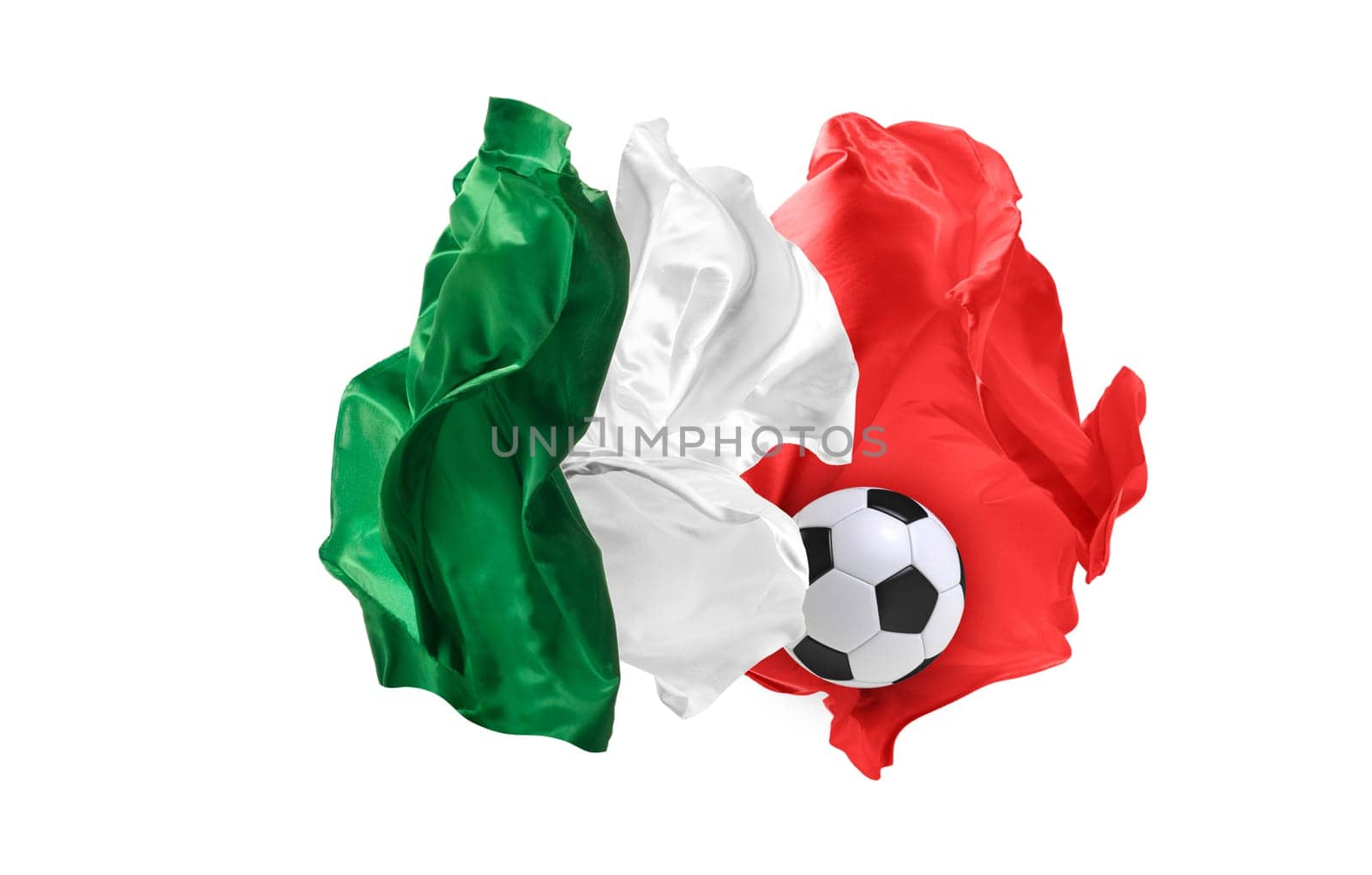 The national flag of Mexican. World cup. Russia 2018. Flag made of fabric. Football and soccer concept. Fans concept. Soccer ball with fabric. Isolated on white background. Flying flag.