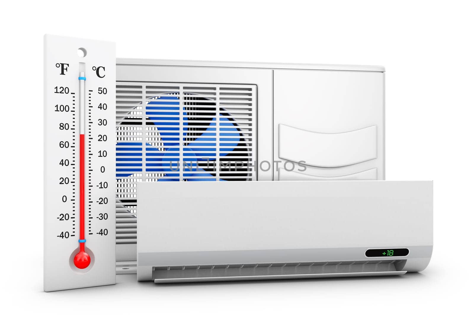 Air conditioner and thermometer on white background. 3d rendering.