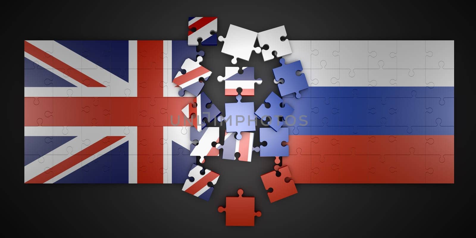 Puzzles in the form of flags of Great Britain and Russia. 3d rendering.