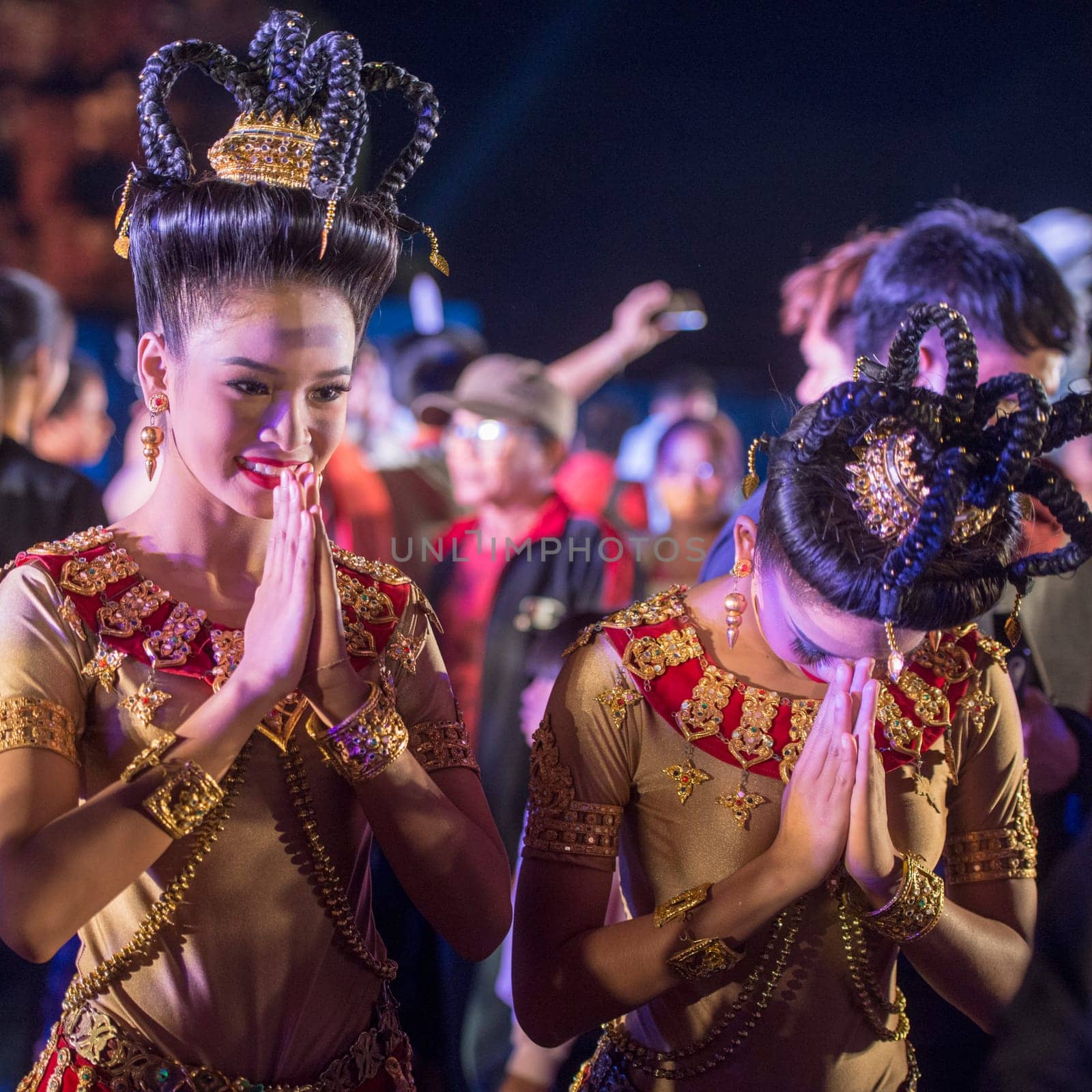 traditional dress Khmer dance girls at the Khmer Temple Ruins at the Phimai Festival in  Phimai in the Provinz Nakhon Ratchasima in Isan in Thailand.  Thailand, Phimai, November, 2017