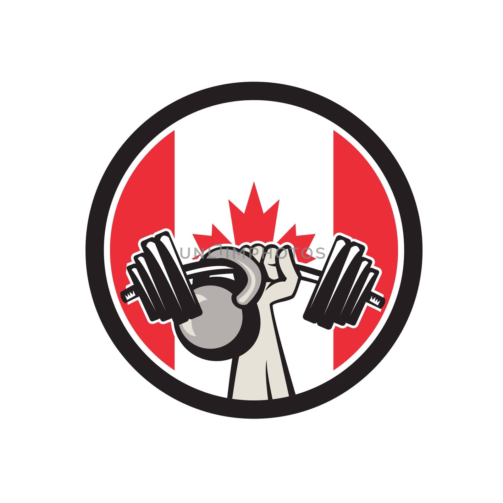 Icon retro style illustration of a Canadian hand lifting a barbell and kettlebell with Canada maple leaf flag set inside circle on isolated background.