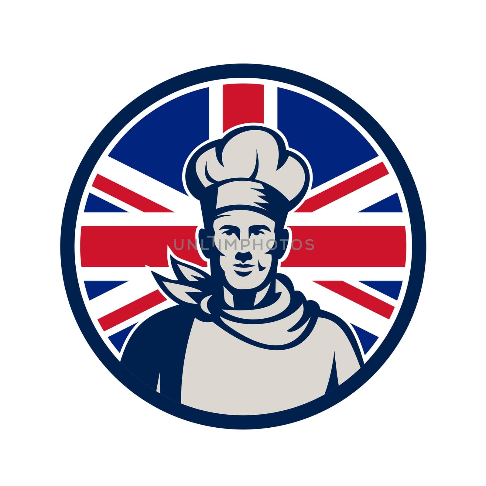 Icon retro style illustration of a male British baker, chef or cook from waist up viewed from front with United Kingdom UK, Great Britain Union Jack flag set inside circle on isolated background.