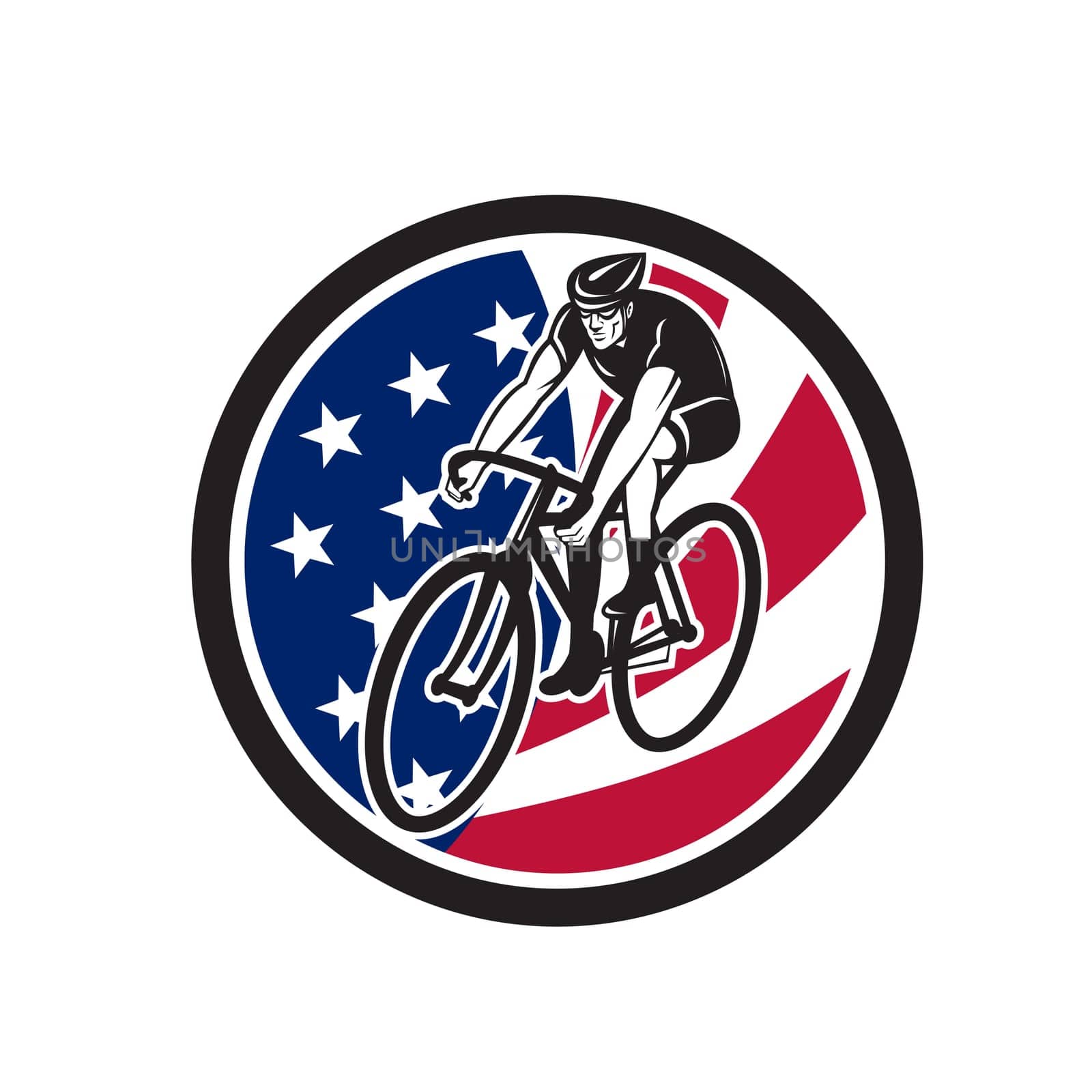 Icon retro style illustration of an American cyclist cycling riding on road bike with United States of America USA star spangled banner or stars and stripes flag inside circle isolated background.