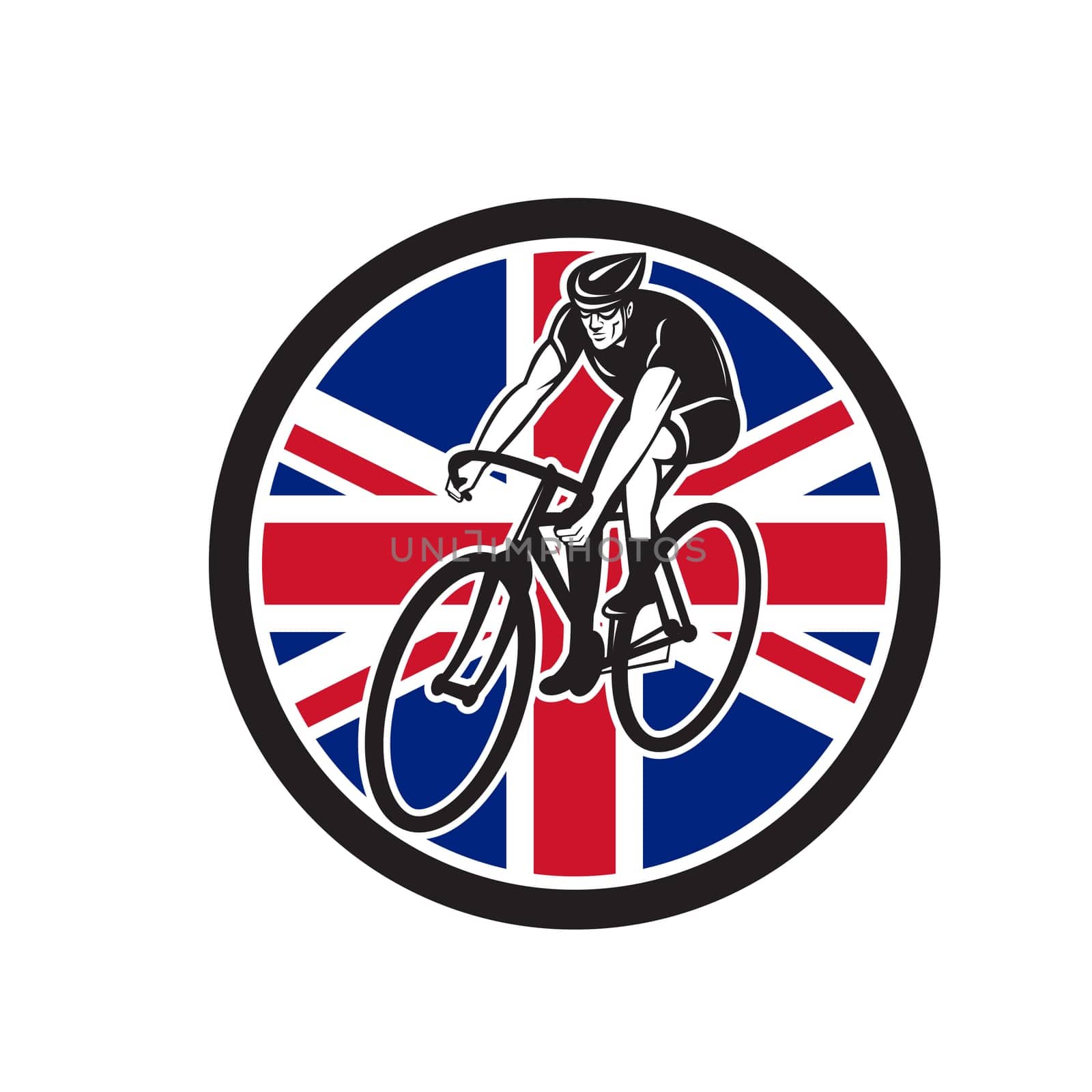 Icon retro style illustration of a British cyclist cycling riding road bike with United Kingdom UK, Great Britain Union Jack flag set inside circle on isolated background.