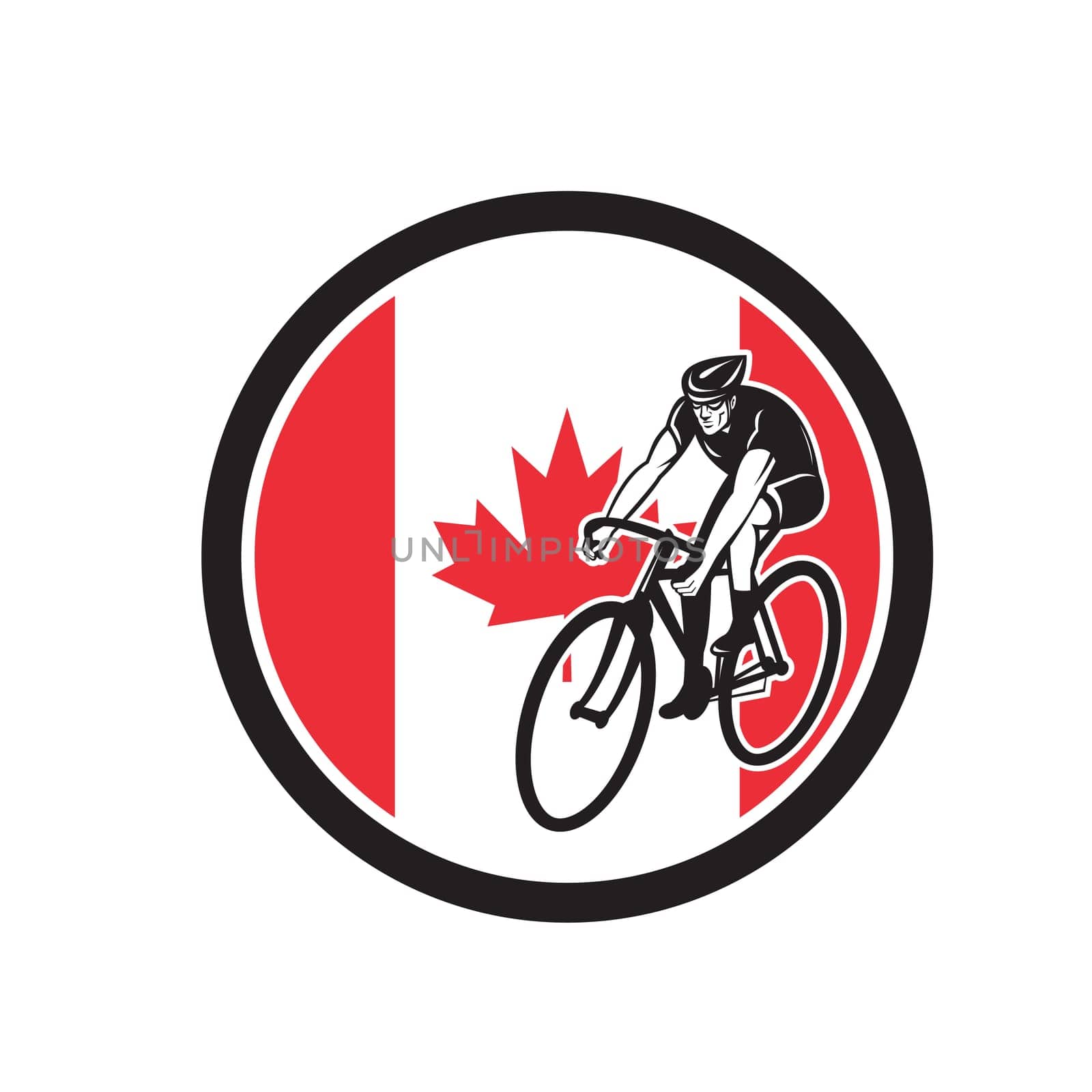 Icon retro style illustration of a Canadian cyclist cycling riding road bike with Canada maple leaf flag set inside circle on isolated background.