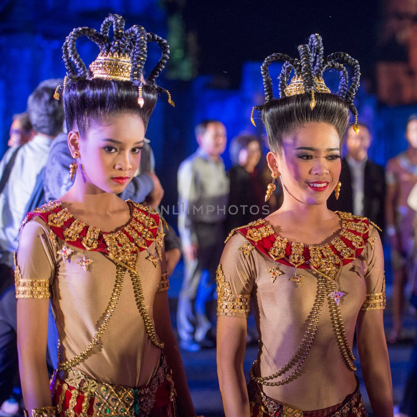traditional dress Khmer dance girls at the Khmer Temple Ruins at the Phimai Festival in  Phimai in the Provinz Nakhon Ratchasima in Isan in Thailand.  Thailand, Phimai, November, 2017