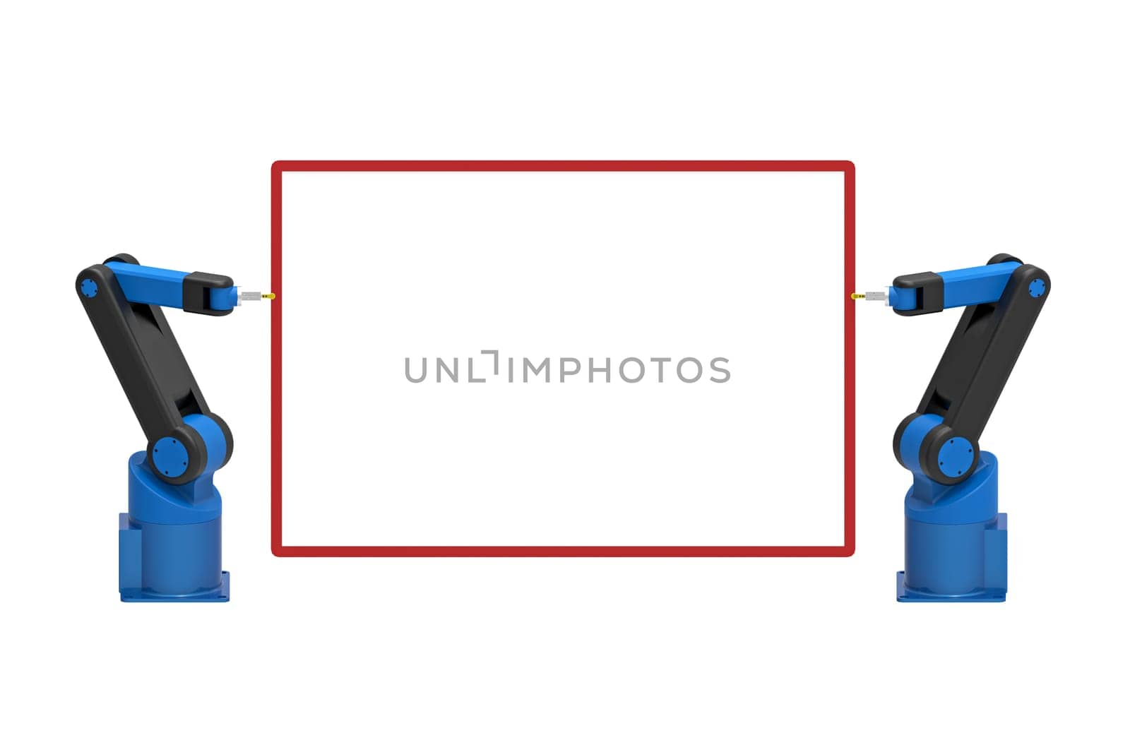 Two robots holding empty blank board, 3d rendering, on white background
