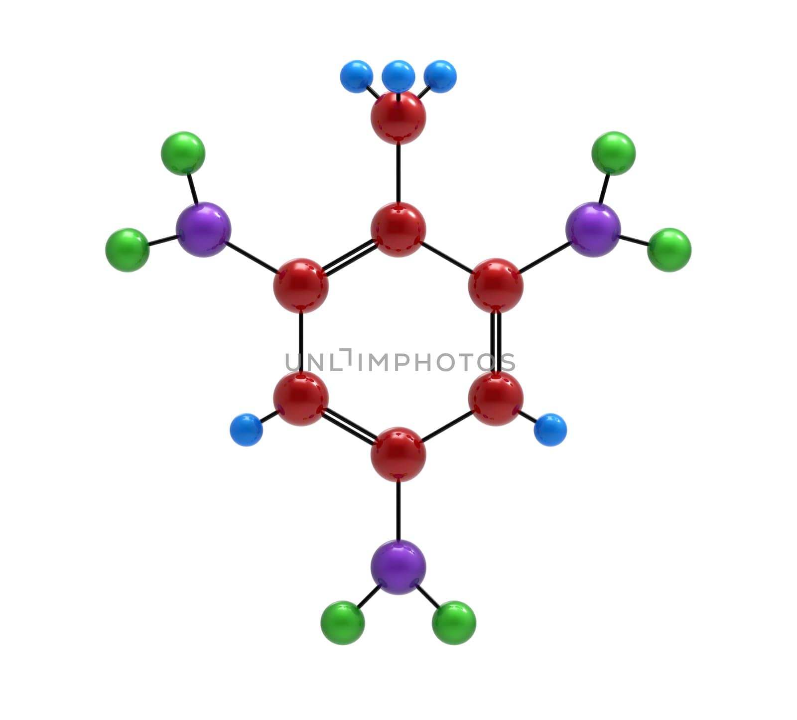 Molecule of trinitrotoluene, 3D render, isolated on white