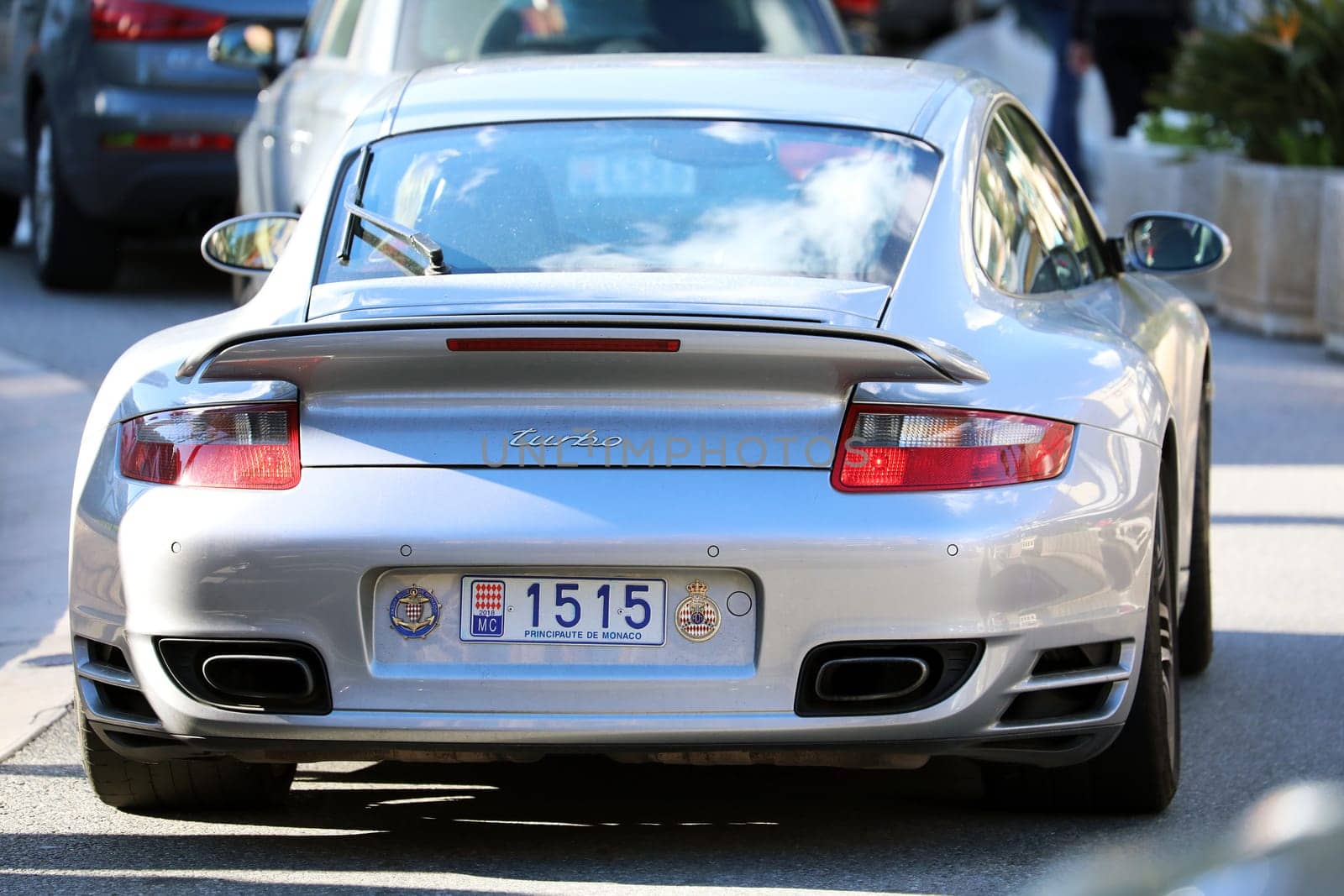 Monte-Carlo, Monaco - March 17, 2018: Gray Porsche 911 Turbo (Rear View) In The Streets Of Monaco in The French Rivier