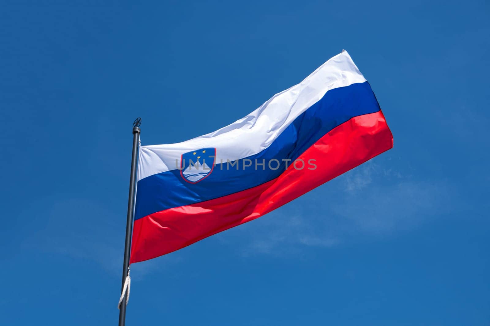 Flag of Slovenia on flagpole waving in the wind. Slovenian national official flag on blue sky background. Patriotic symbol, banner