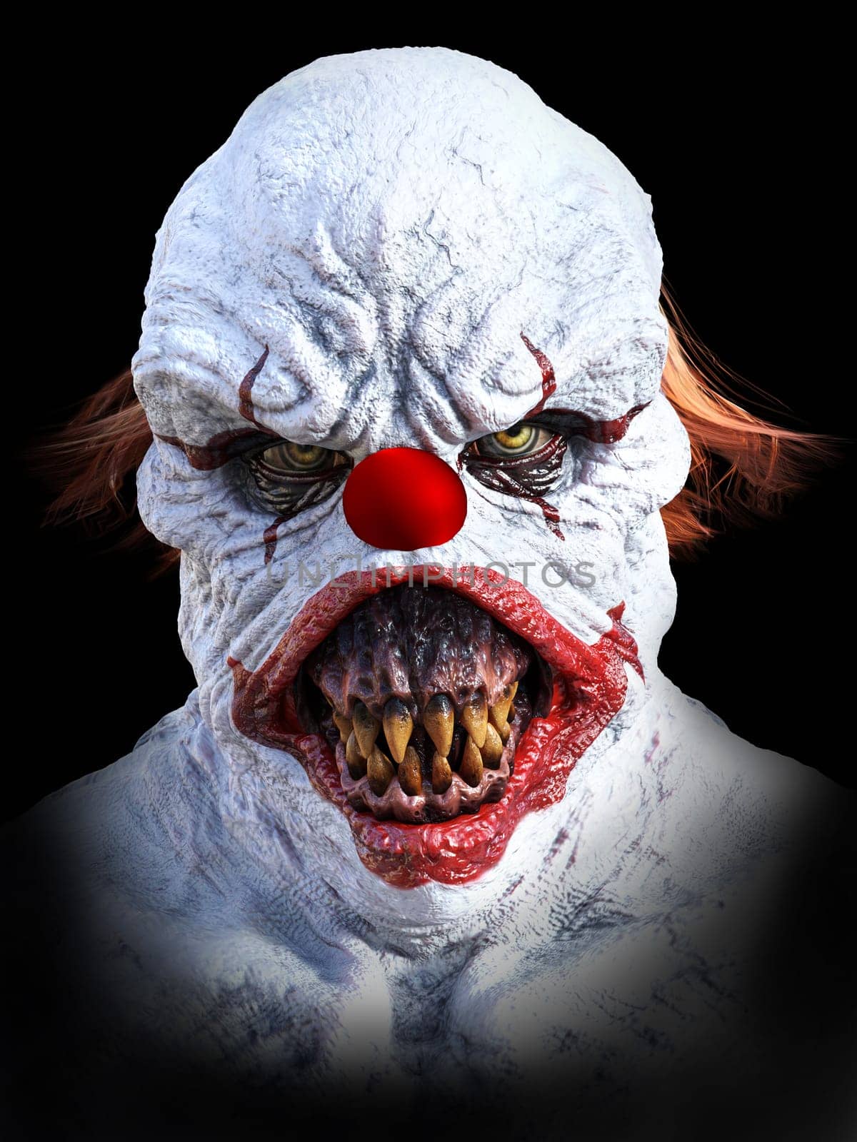 Portrait of an evil looking clown, 3D rendering. Black background.
