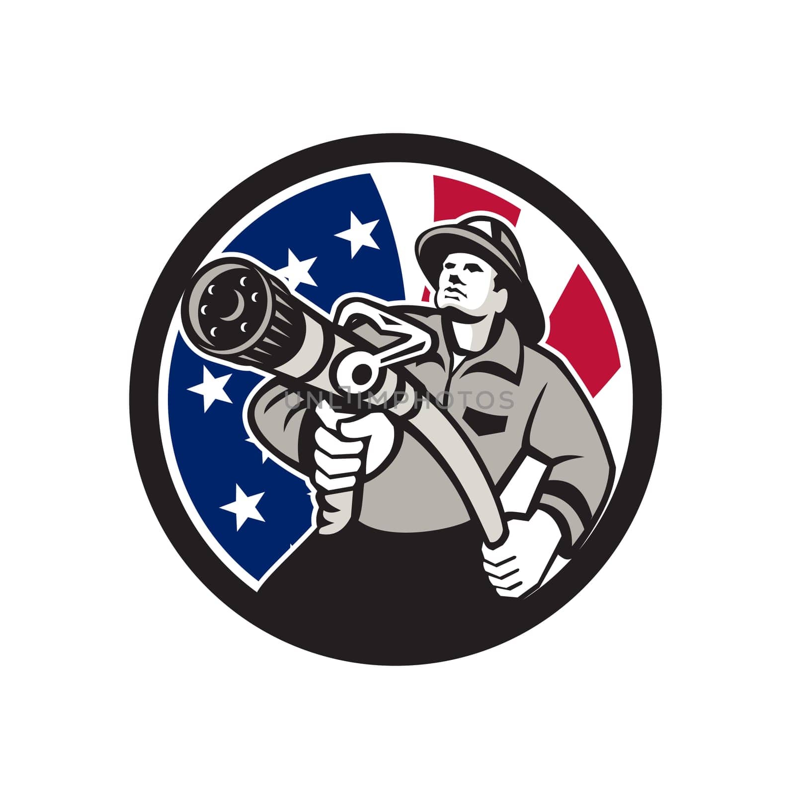 Icon retro style illustration of an American firefighter or fireman holding a fire hose front view with United States of America USA star spangled banner or stars and stripes flag inside circle isolated background.