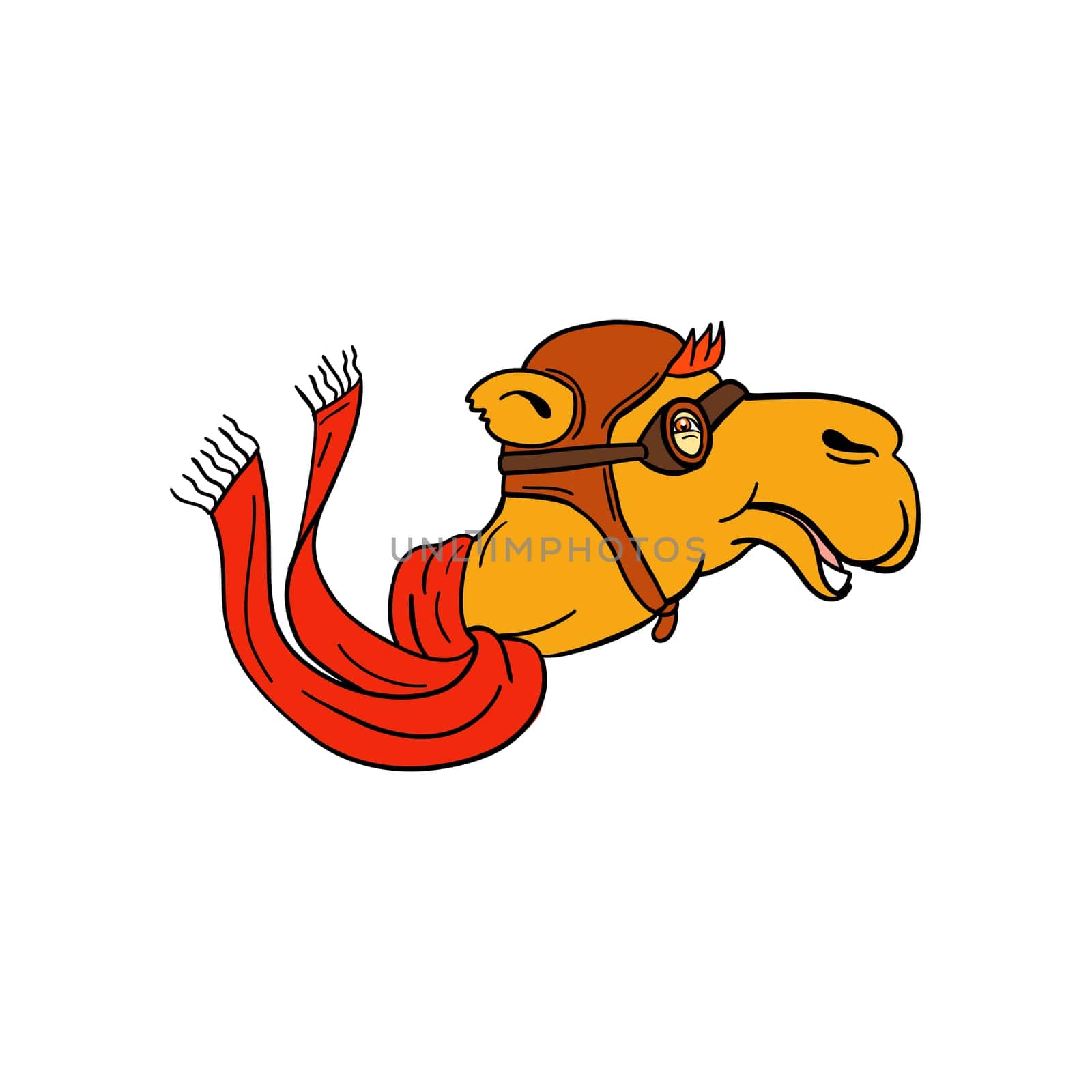 Cartoon style illustration of head of a pilot camel wearing scarf, vintage aviator helmet hat and goggles smiling viewed from side on isolated background.