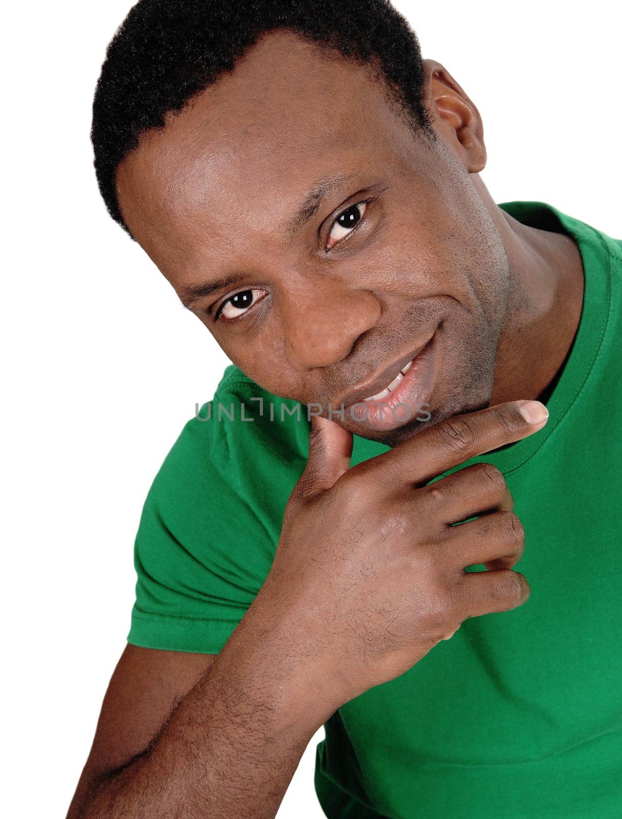 An image of a young African American man in a green shirt, looking into.the camera with a positive look, isolated for white background.