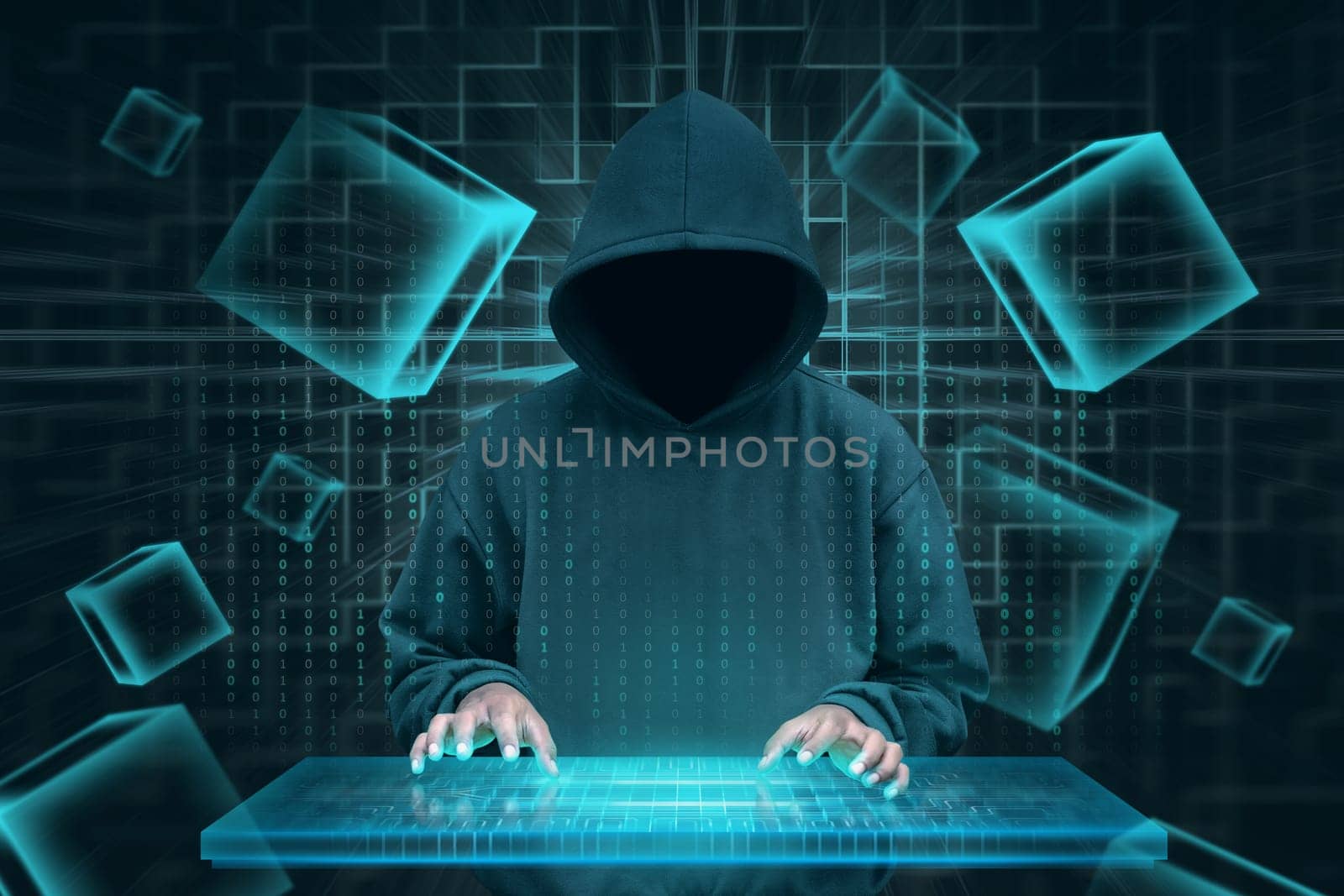 Hacker with virtual keyboard trying to hack blockchain security. Blockchain technology concept