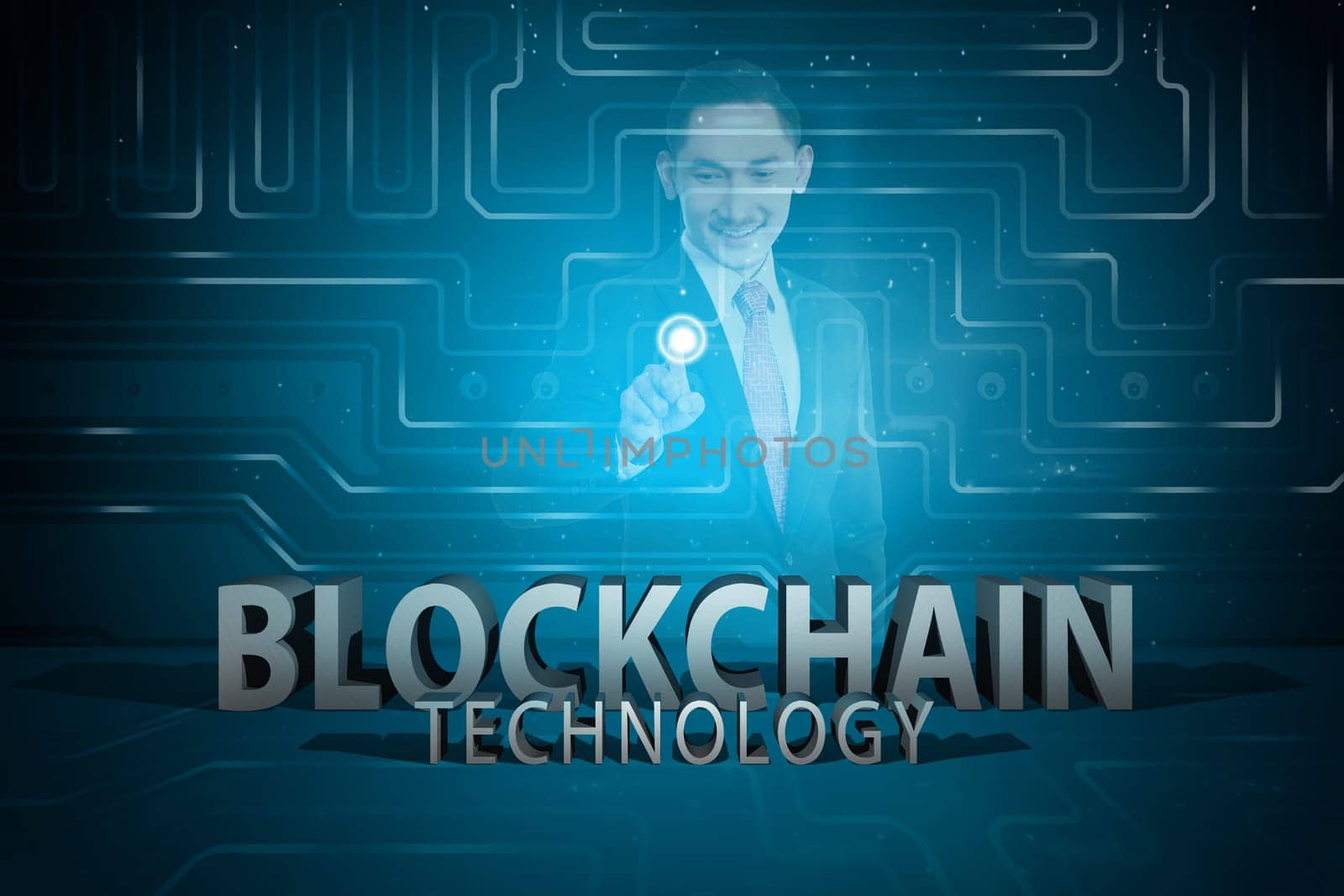 Young asian businessman touching digital eletric circuit. Blockchain technology concept