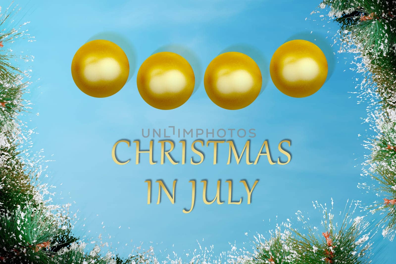 Golden christmas ball with pines tree leaf on Christmas in July over blue background