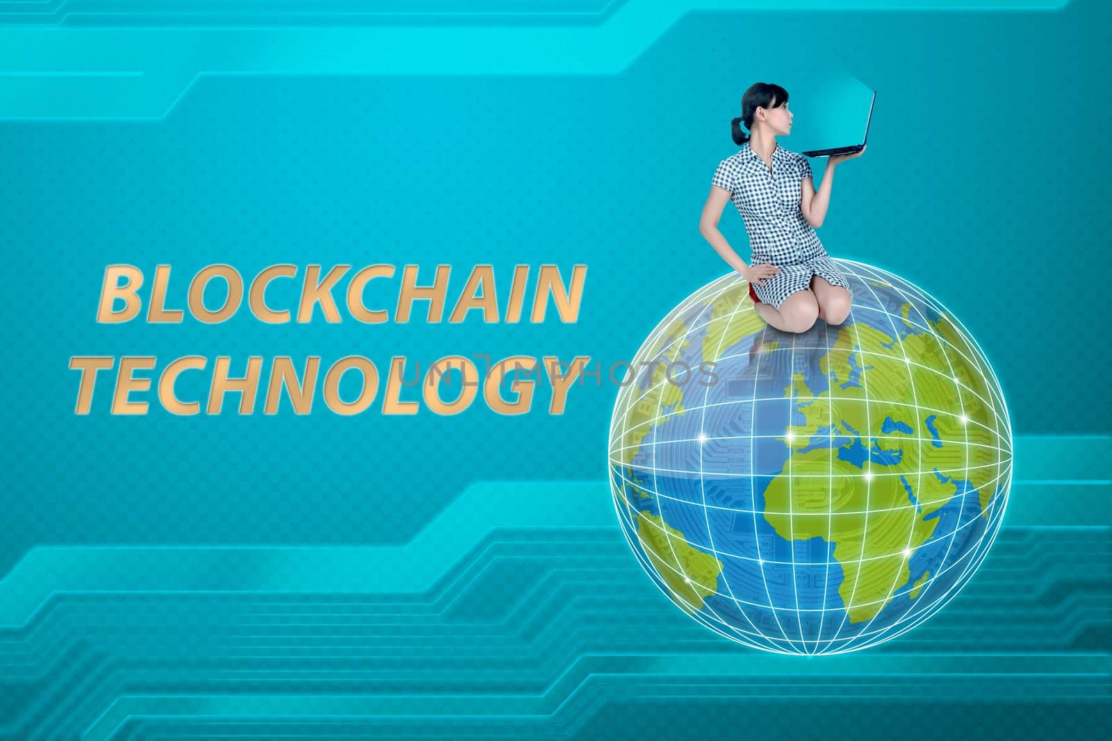 Young asian business woman holding laptop with world digital network. Blockchain Technology Concept