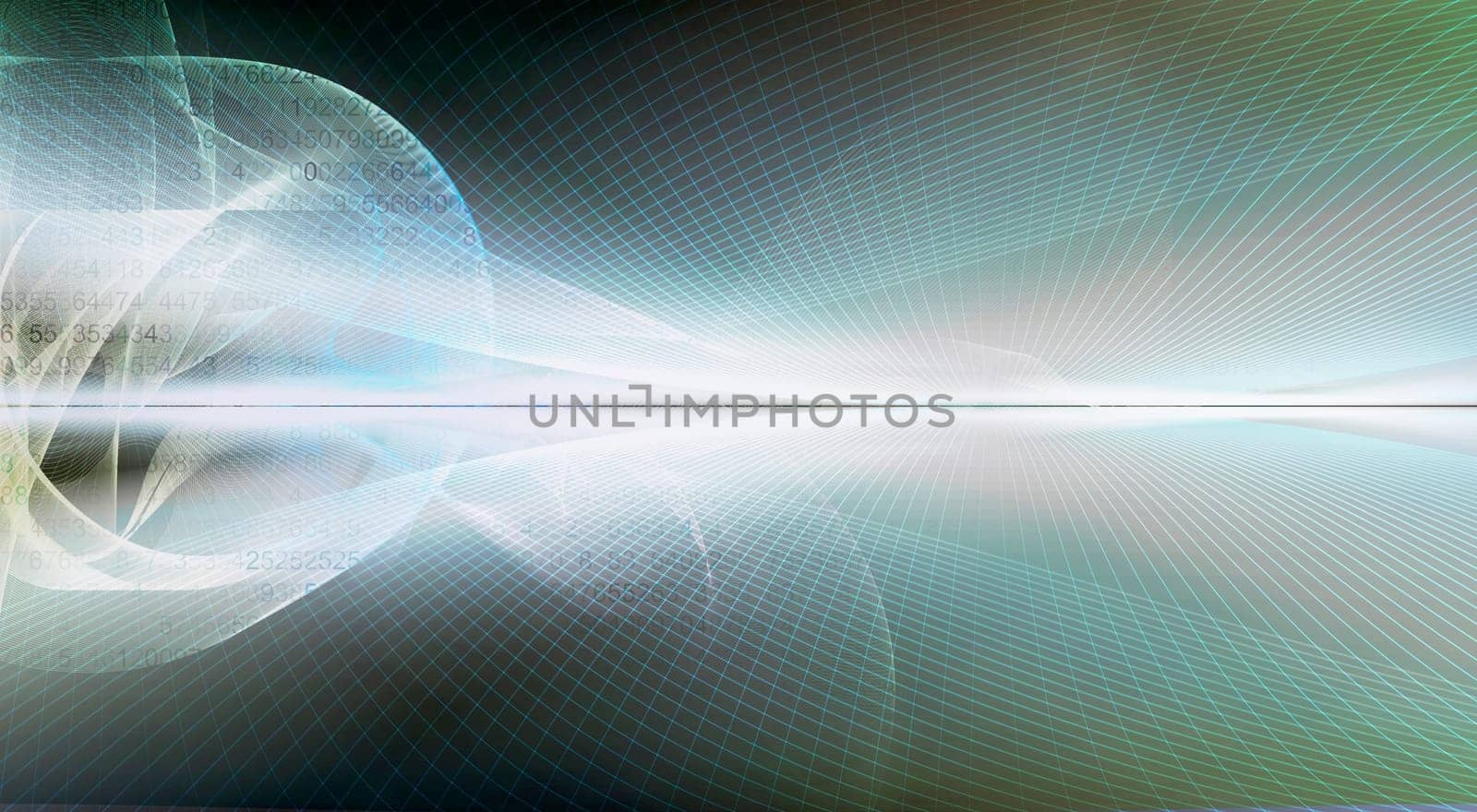abstract line network on background structure collaged with horizon line. Numbers,waves,lines,space,movement,creativity,symbol,dynamics,net,computer,technology,banner,concept.