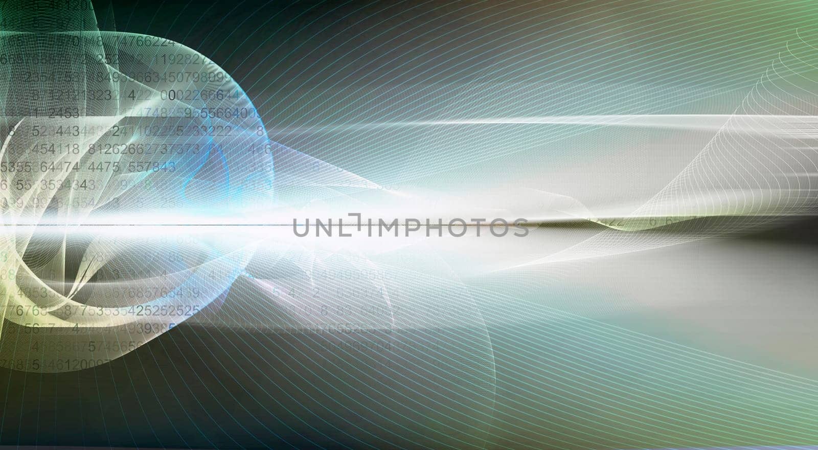 abstract line network on background structure collaged with horizon line. Numbers,waves,lines,space,movement,creativity,symbol,dynamics,net,computer,technology,banner,concept.