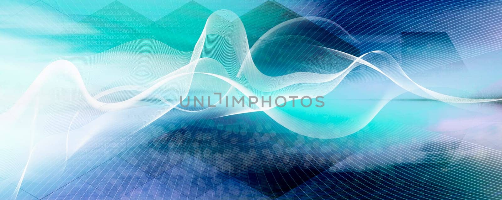 abstract line network on background structure collaged with horizon line. Numbers,waves,lines,space,movement,creativity,symbol,dynamics,net,computer,technology,banner,concept.