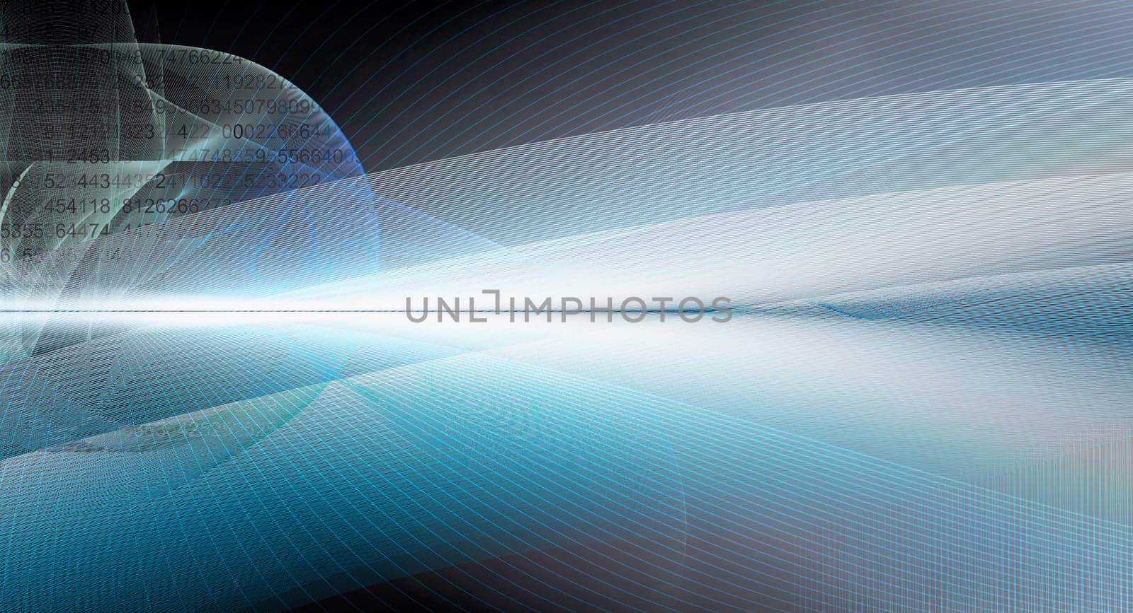 abstract line network on background structure collaged with horizon line. Numbers,waves,lines,space,movement,creativity,symbol,dynamics,net,computer,technology,banner,concept.