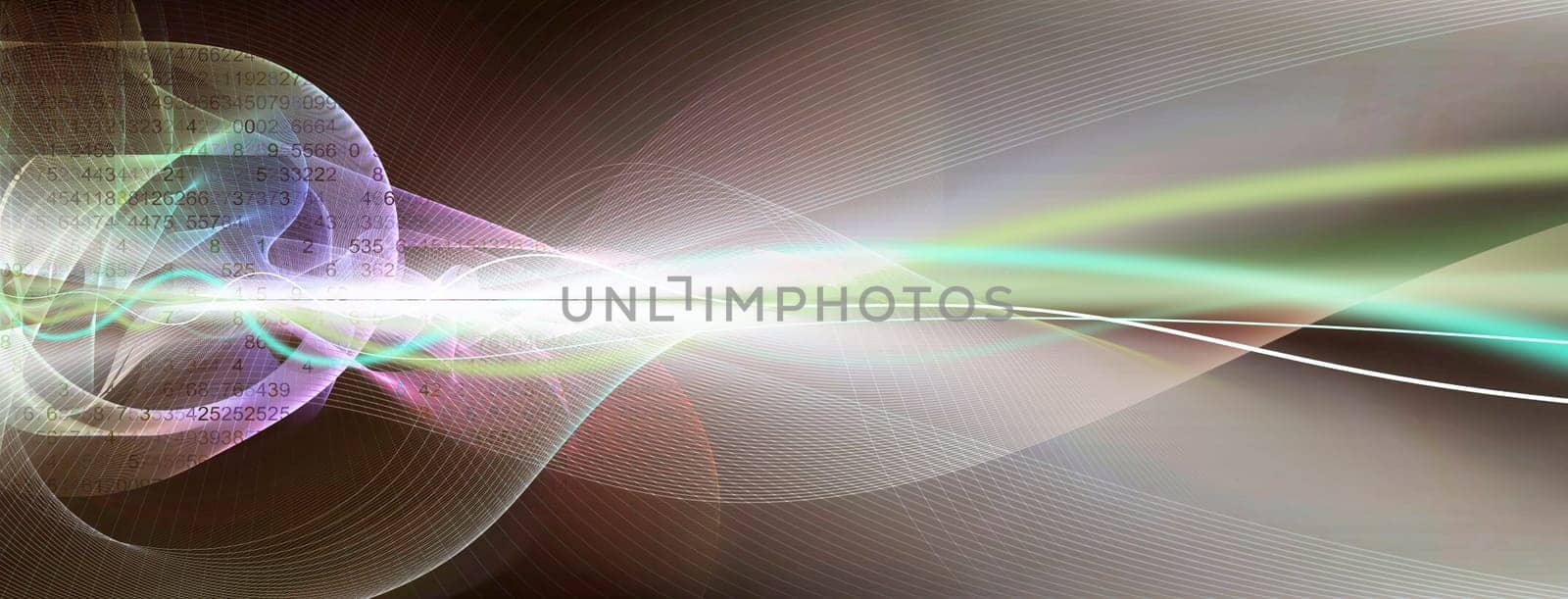 abstract line network on background structure collaged with horizon line. Numbers,waves,lines,space,movement,creativity,symbol,dynamics,net,computer,technology,banner,concept.