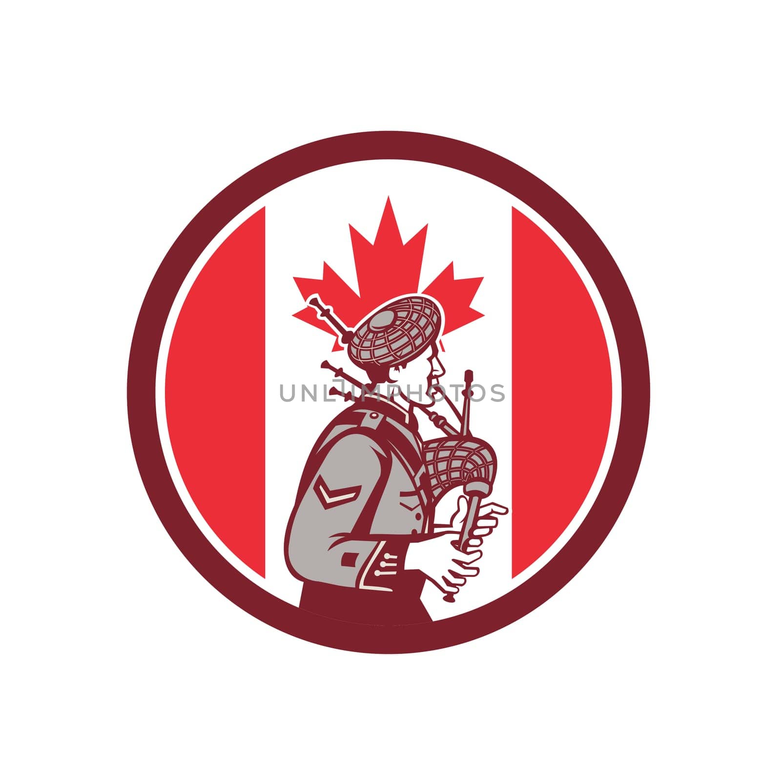 Icon retro style illustration of a Canadian bagpiper playing the bagpipes with Canada maple leaf flag set inside circle on isolated background.