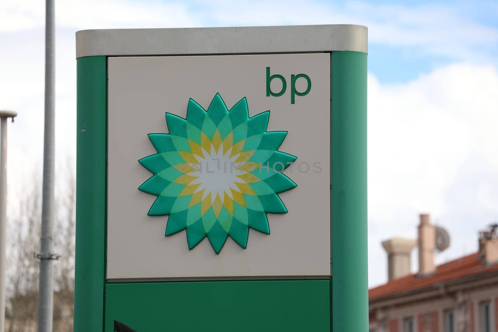 Menton, France - March 19, 2018: British Petroleum Petrol Station Logo Against Blue Sky. British Petroleum is a British Multinational Oil And Gas Company, One of The World's Seven Oil And Gas Supermajors