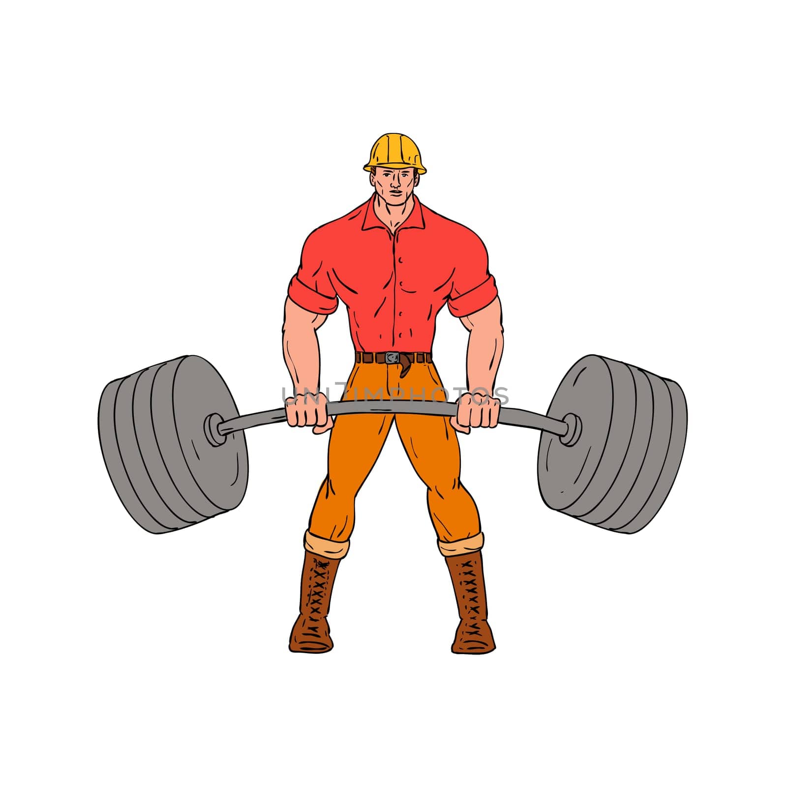 Cartoon style illustration of a buffed lumberjack, logger ,woodcutter, shanty boy, woodhick or timber cutter lifting a heavy weights barbell viewed from front wearing hard hat on isolated background.