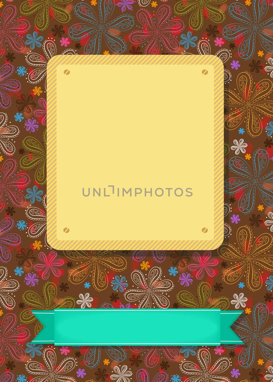 Floral greeting card. Colorful geometric flowers. Yellow and green banners for custom text. Dark background