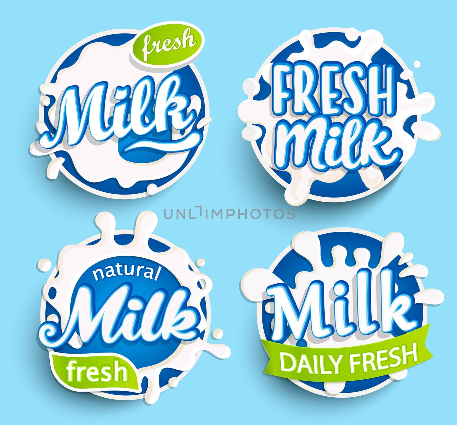 Set of different fresh milk logo, labels, splashes and dairy spots for your design, grocery, agriculture store, packaging and advertising. Vector illustration.