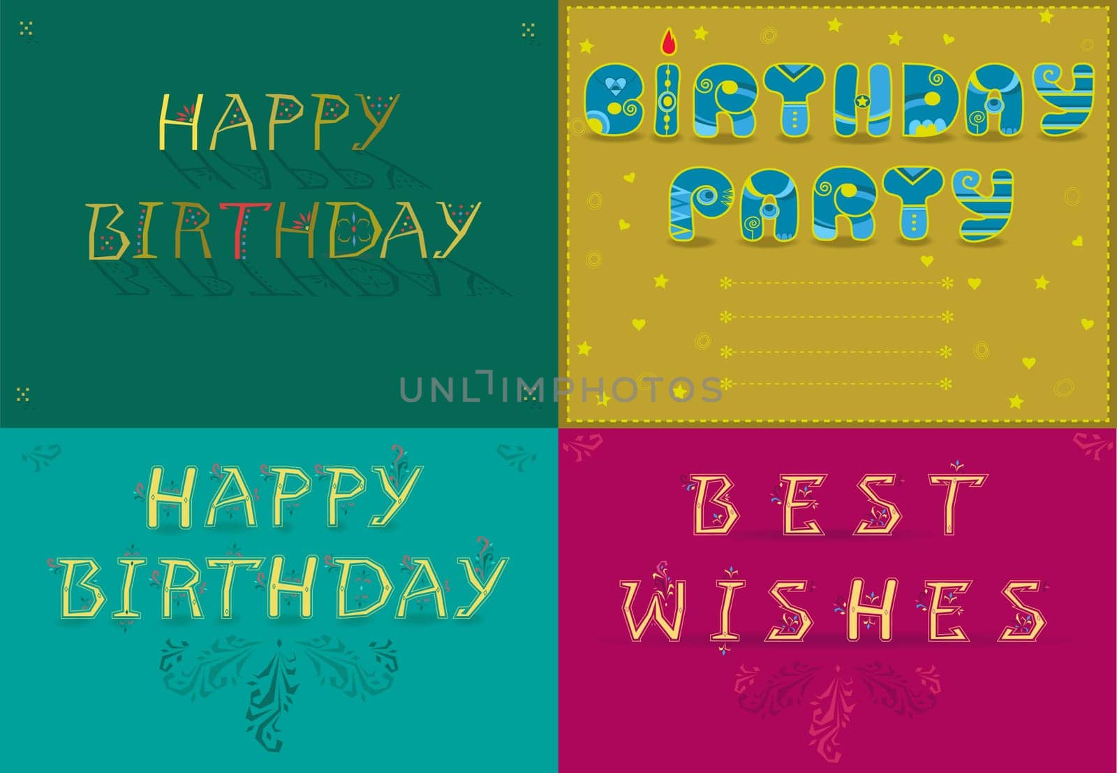 Greeting cards with text Happy Birthday, Best wishes by artistic country font. Floral patterns. Invitation to birthday party with place for custom text.  illustration