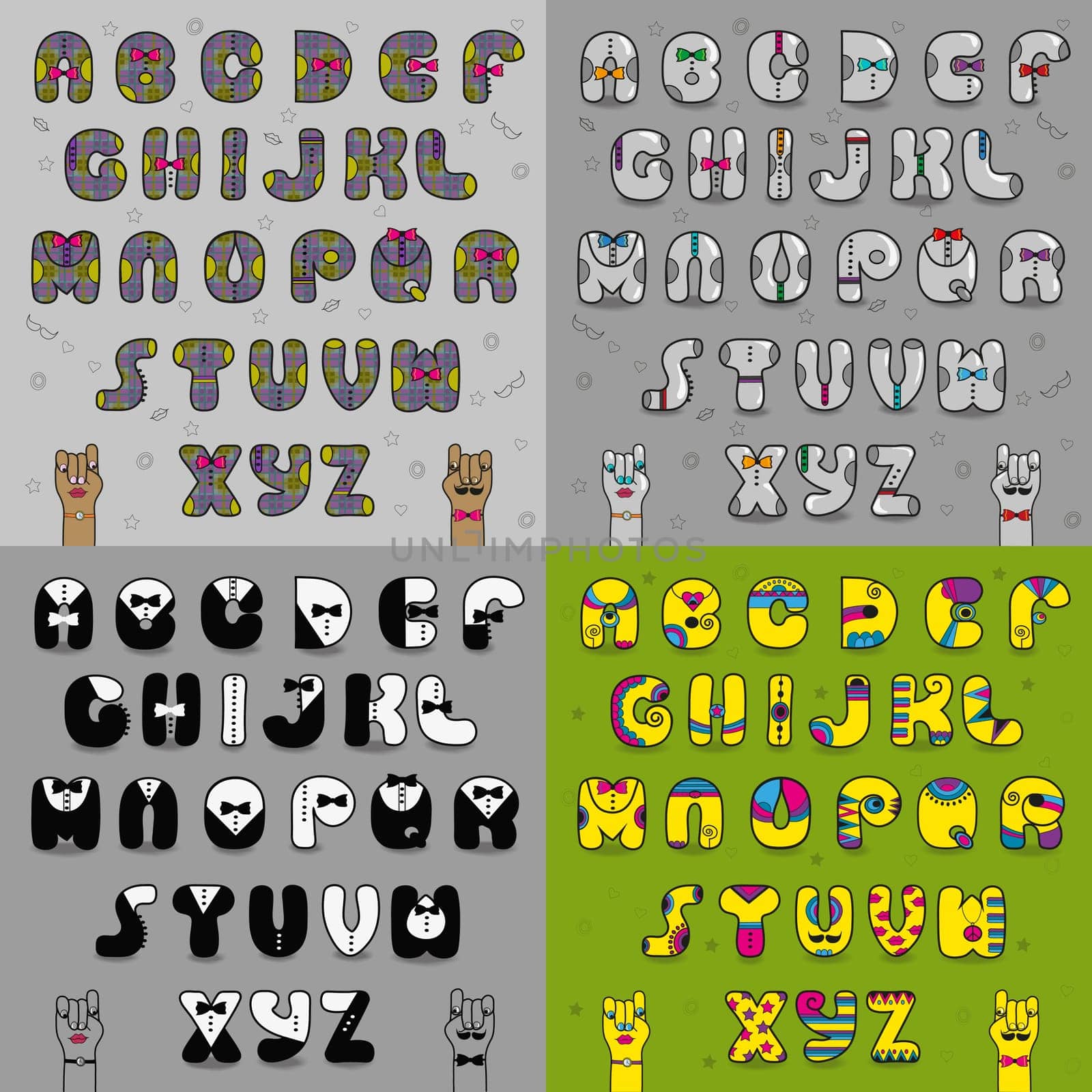 Artistic vintage alphabets. Dressed letters. Gray symbols with ties. Font with black and white suites. Yellow cartoon font. illustration.