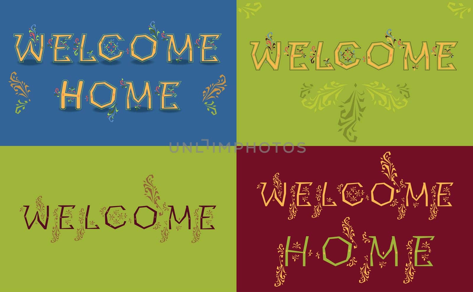 Cards with texts Welcome and Welcome home. Artistic font with floral decor. Vintage style