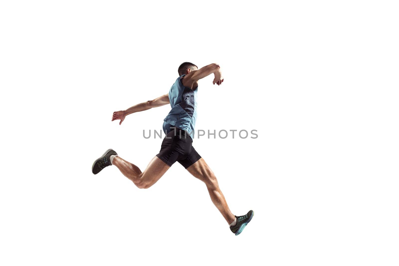 The studio shot of high jump athlete is in action isolated on white background