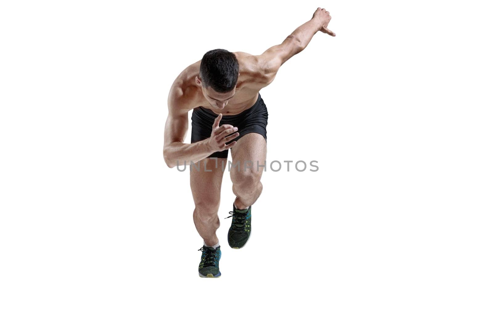 The studio shot of high jump athlete is in action on pink background