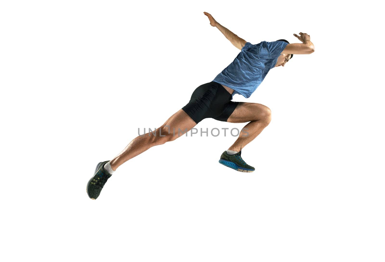 The studio shot of high jump athlete is in action isolated on white background