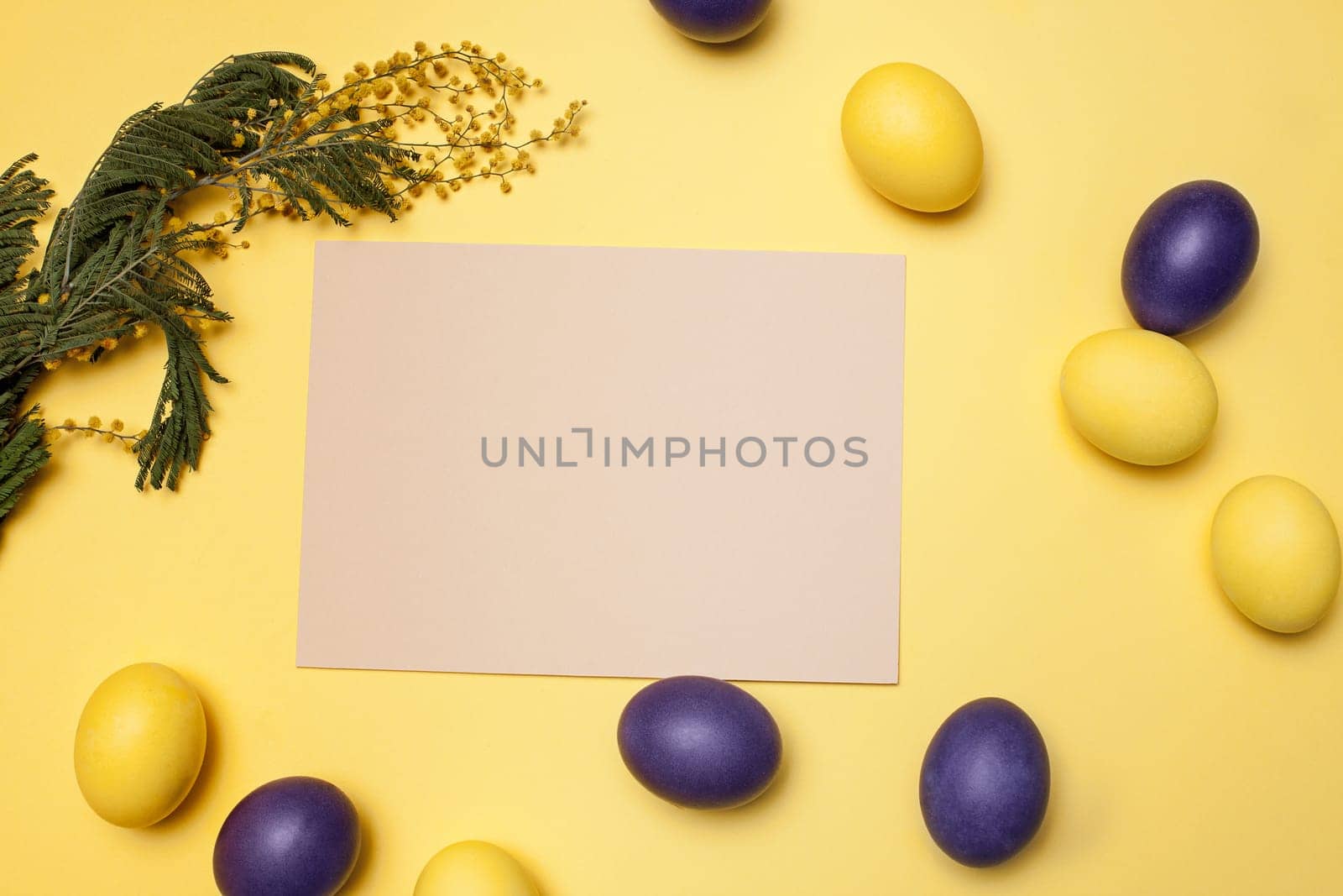 Beautiful easter table setting composition. A row of lilac and yellow color eggs on yellow background. Happy Easter greeting card. Top view, copy space.