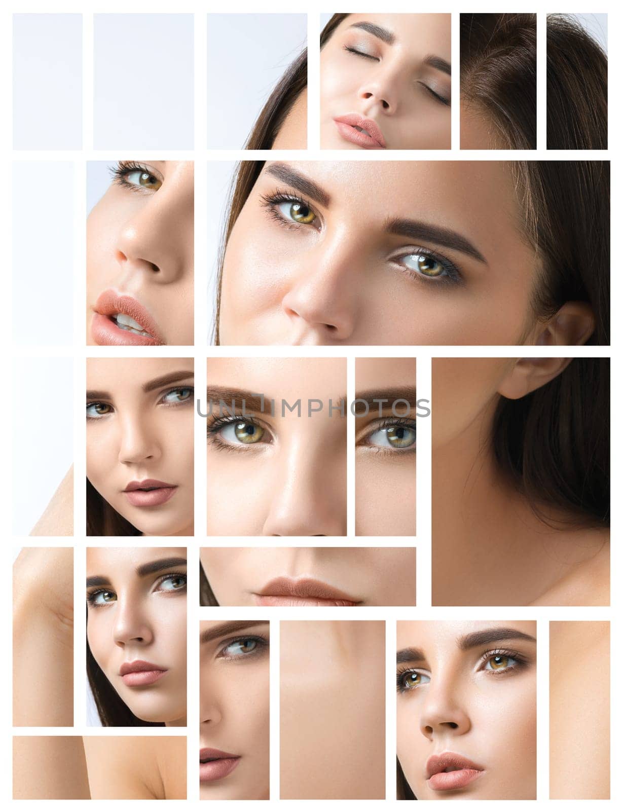 collage of a beautiful woman face with perfect clean skin. The one young caucasian model on white studio. Female beauty and emotions concept. pretty girl.