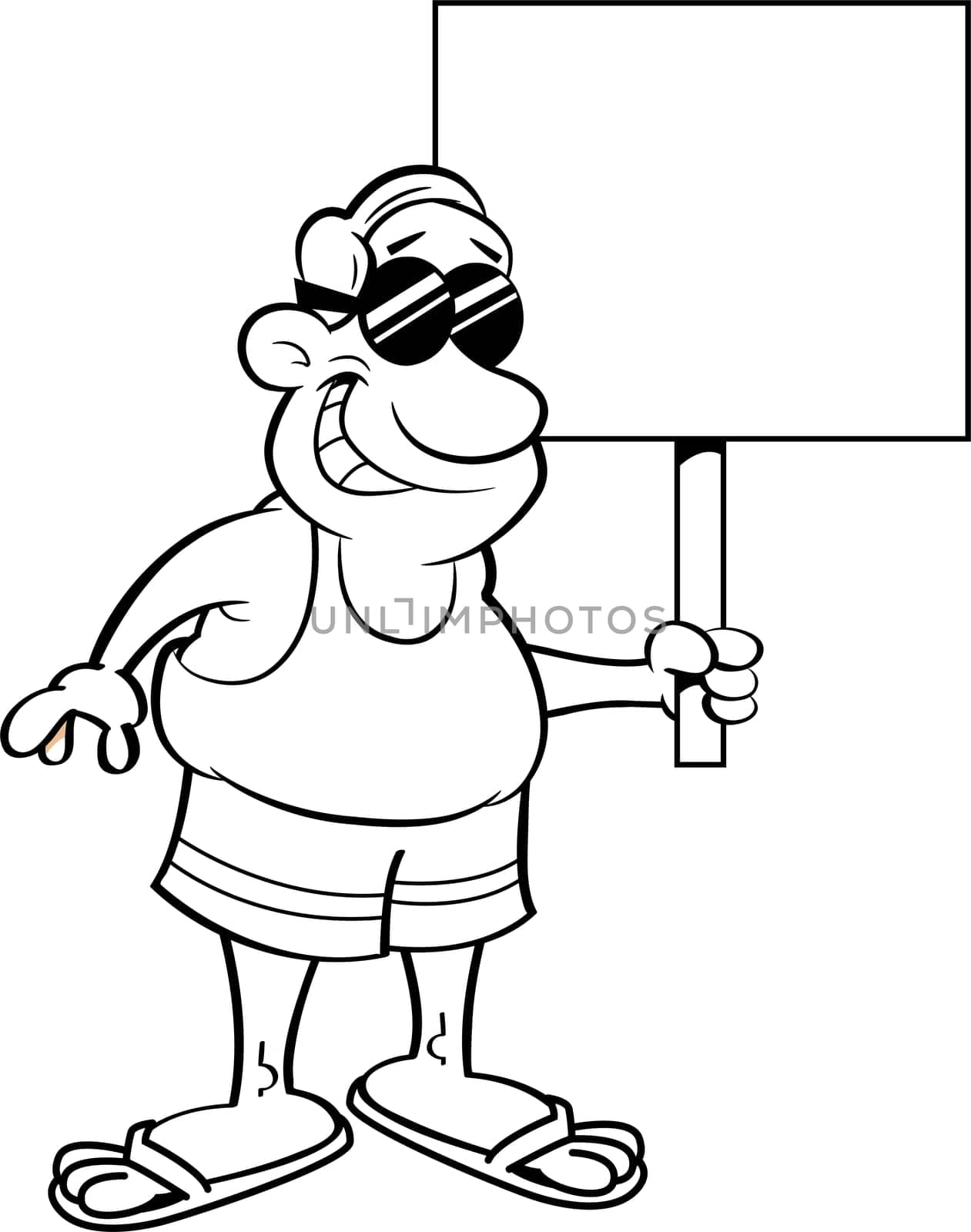 Black and white illustration of a man wearing a swimsuit and holding a sign.