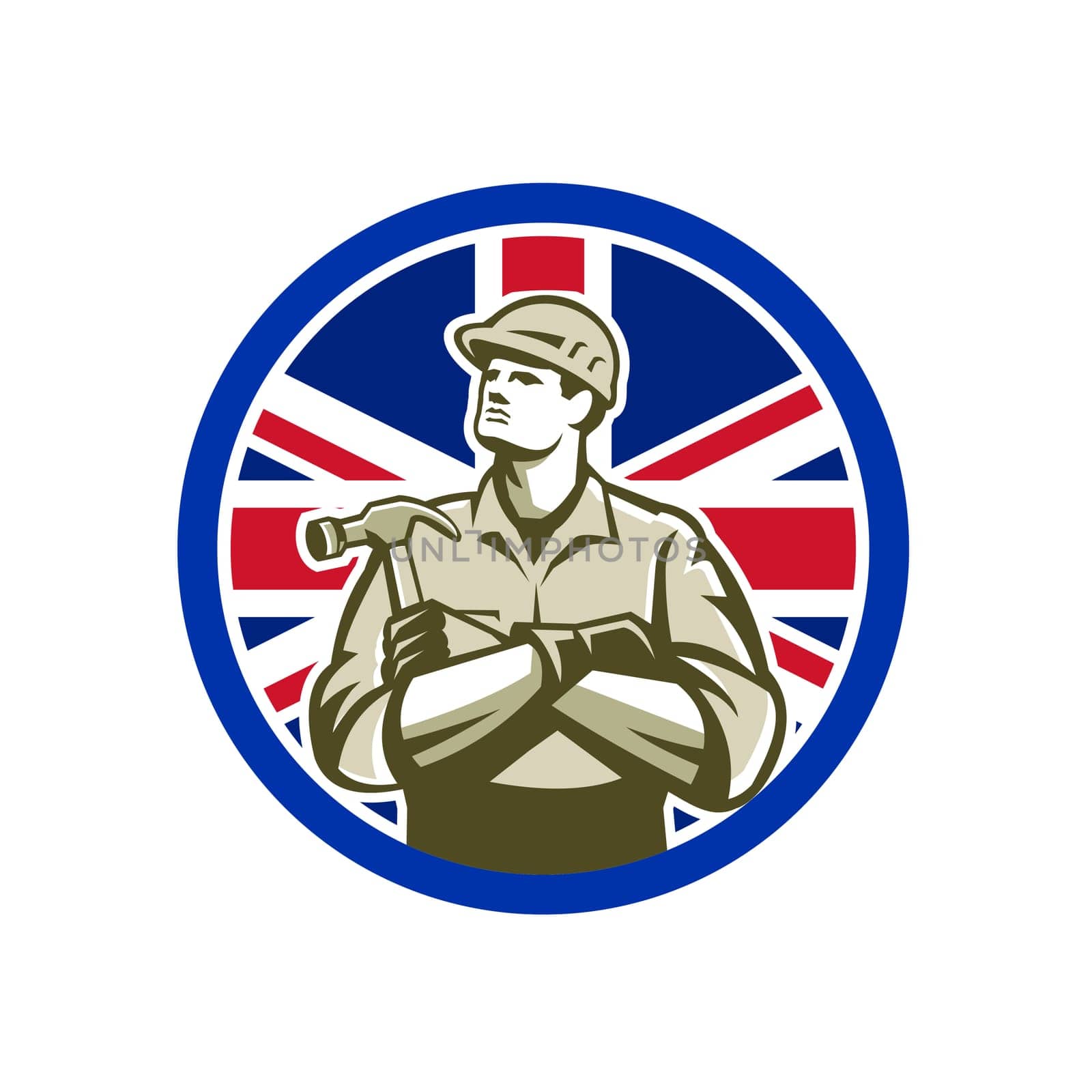 Icon retro style illustration of British builder, carpenter or construction worker with hammer arms crossed with United Kingdom UK, Great Britain Union Jack flag set inside circle isolated background.
