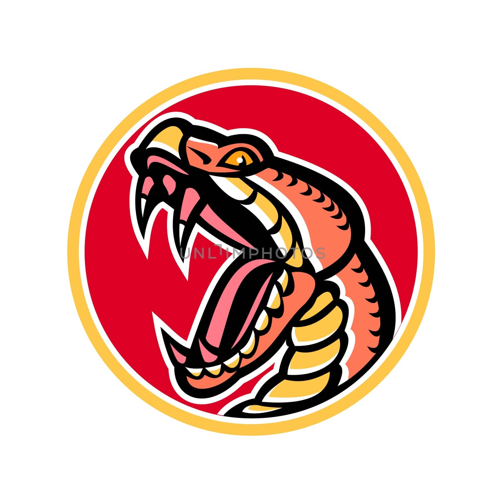 Mascot icon illustration of a copperhead or Agkistrodon contortrix, a species of venomous snake member of subfamily Crotalinae or pit viper set inside circle on isolated background in retro style.