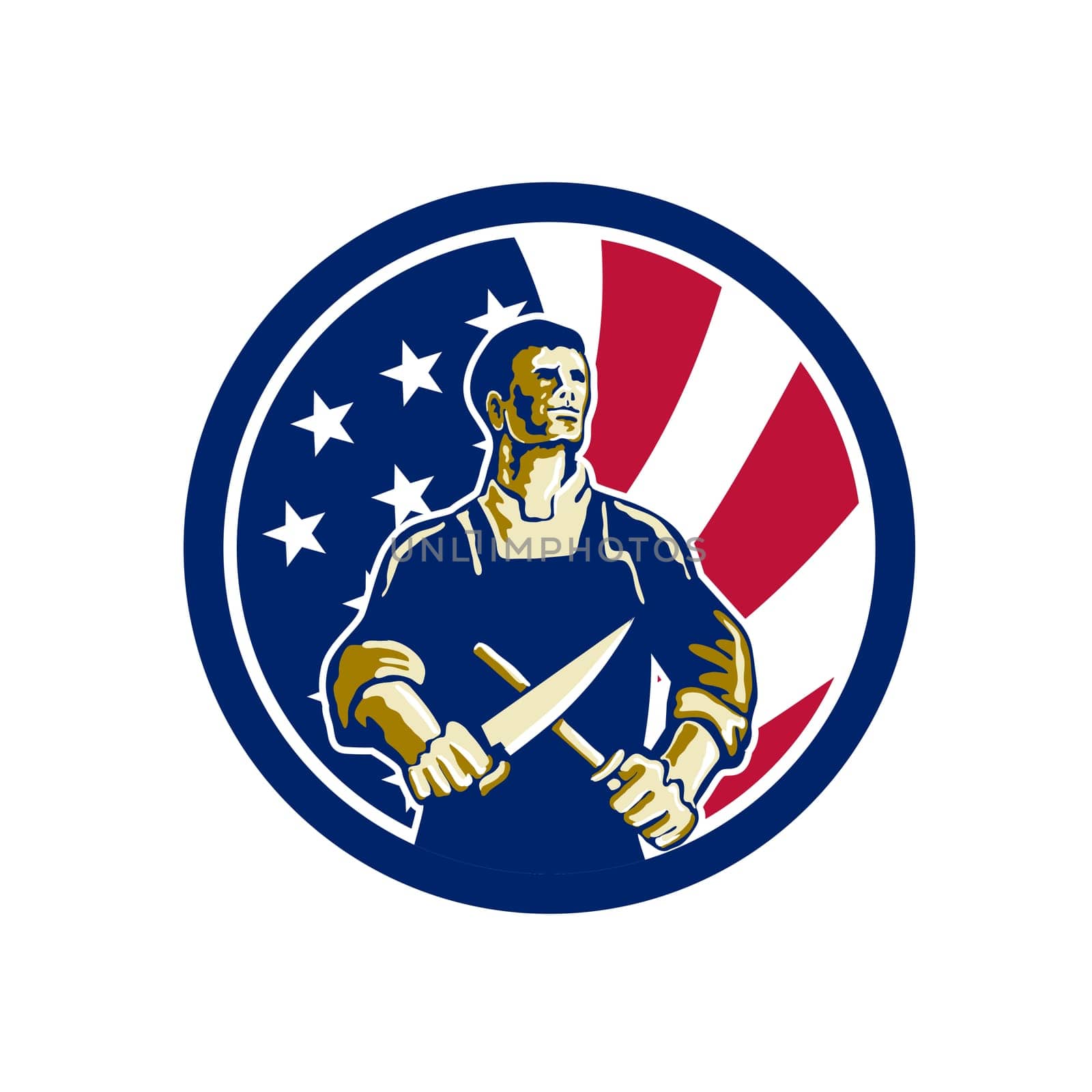 Icon retro style illustration of an American butcher sharpening knife viewed from front  with United States of America USA star spangled banner or stars and stripes flag in circle isolated background.