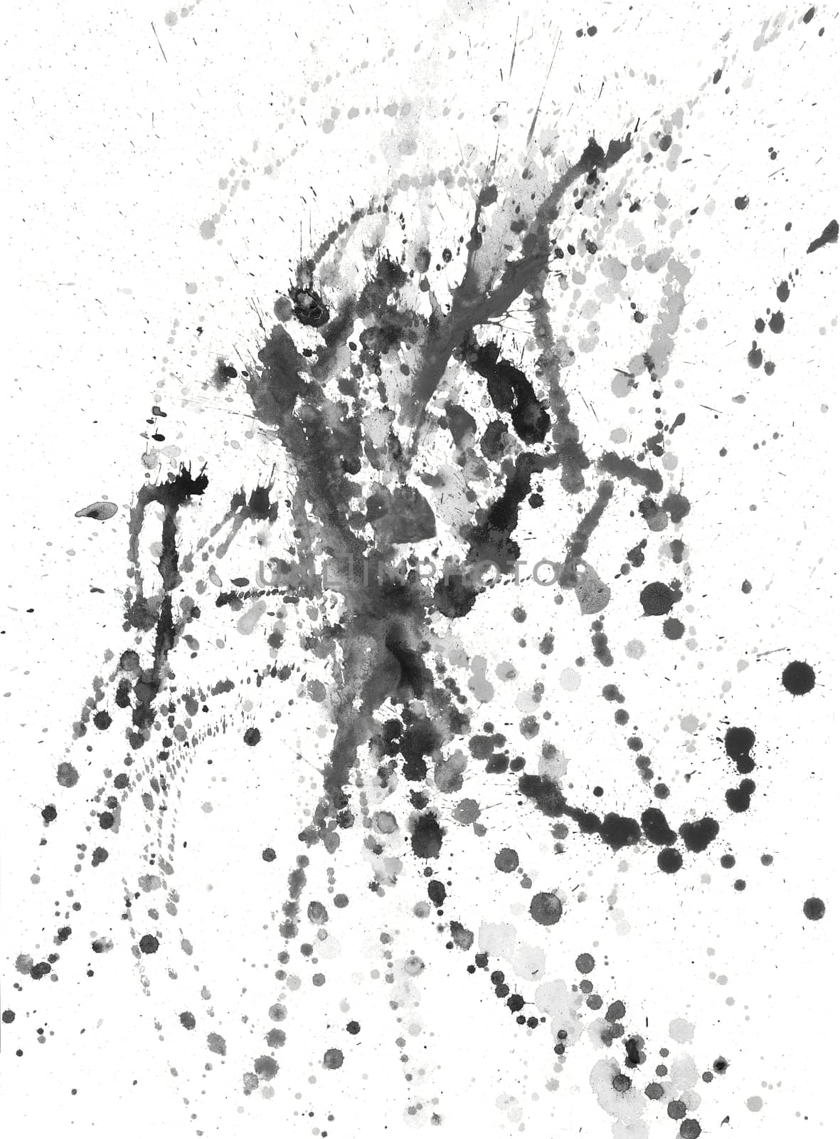 Splatters, splinter, blotches, blots and blobs of paint on white paper
